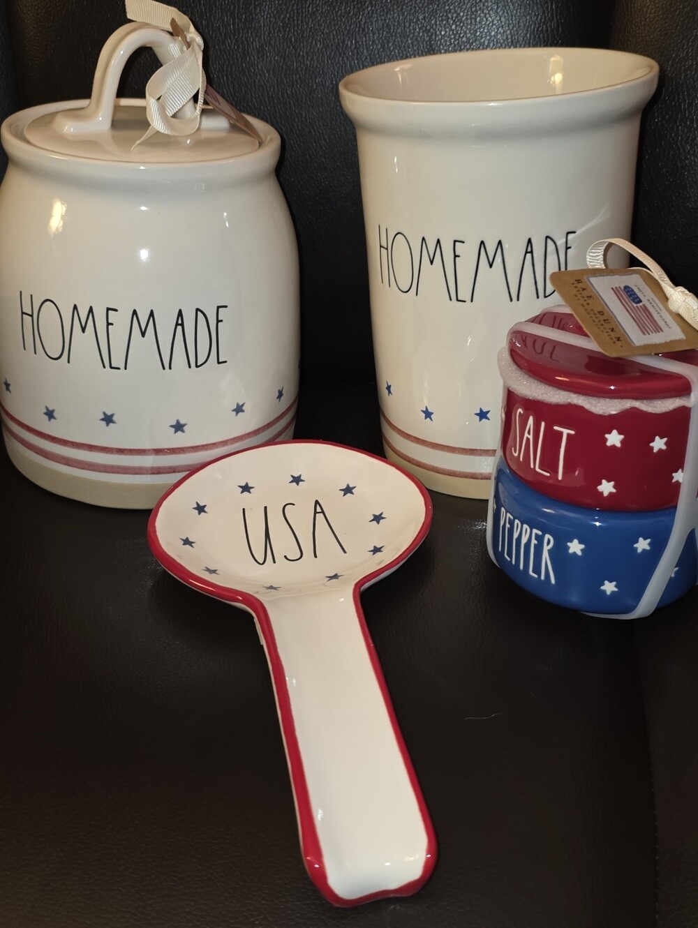 Rae Dunn White Ceramic "HOMEMADE" Canisters with Red and Blue Accents Set